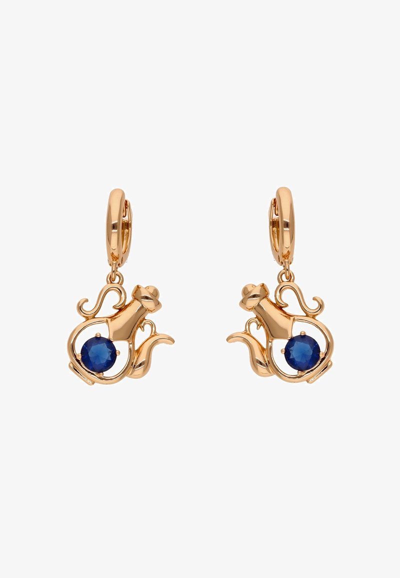 Cercei aurii cu design de pisică și centru cu piatră prețioasă albastră. Finisaj neted cu detalii intricate și închidere tip cercel.