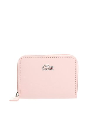 Light pink rectangular wallet with zip closure and small embroidered crocodile logo on front center.