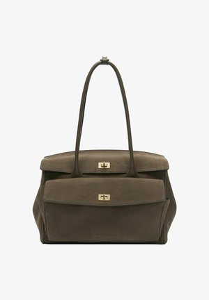 Brown suede leather handbag with long handles, front flap pocket, and gold-tone turn-lock closures.