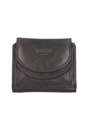 Black leather wallet with a rounded flap, embossed logo, stitched edges, and compact rectangular design. Features a textured finish.
