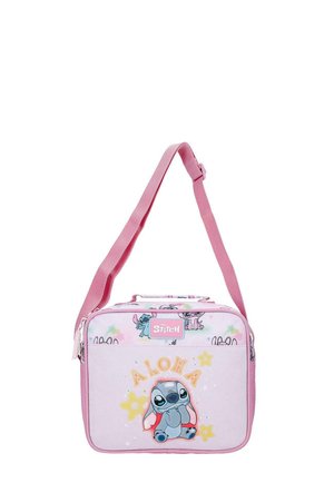 Bolso de hombro rosa con el personaje Stitch, texto "ALOHA", estrellas amarillas y una correa ajustable.