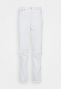 Jeans de ganga brancos com recortes desfiados nos joelhos, design de cinco bolsos e detalhes metálicos. Corte reto, textura leve e acabamento limpo.