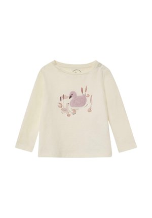 Długi rękaw kremowej koszuli z miękkiej bawełny, z różową ilustracją kaczki i otaczającymi trzcinami. Guzik w detalu na ramieniu.