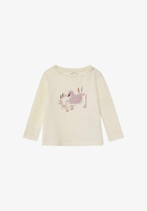 Długi rękaw kremowej koszuli z miękkiej bawełny, z różową ilustracją kaczki i otaczającymi trzcinami. Guzik w detalu na ramieniu.