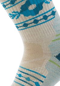 Calcetín de punto con una base beige y patrones florales y rayas azules, acentuado con detalles verdes, textura suave y longitud a mitad de pantorrilla.