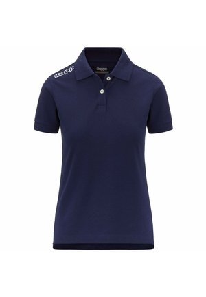 Polo shirt blu navy con maniche corte, colletto con bottoni, realizzato in tessuto di cotone liscio. Presenta un logo bianco sulla spalla sinistra.