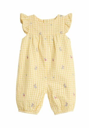Gelbes Karo-Baby-Overall mit Rüscheärmel, verziert mit gestickten Hasen und Blumen. Elastische Bündchen an den Knöcheln für zusätzlichen Komfort.