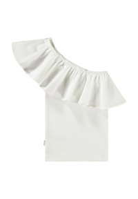 Wit off-the-shoulder top met een gerimpelde mouw, een soepele textuur en een aansluitend figuur. Eenvoudig ontwerp met een elastische halslijn voor comfort.