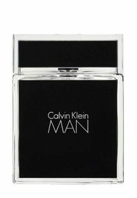 Calvin Klein MAN doftflaska har en kvadratisk glaskonstruktion med en stilren svart etikett och genomskinlig kork, vilket betonar en minimalistisk estetik.