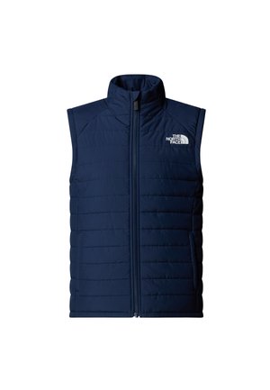 Marineblå ermeløs vest med vertikal søm, høy krage og glidelås foran. Har logo på venstre bryst og sidelommer.