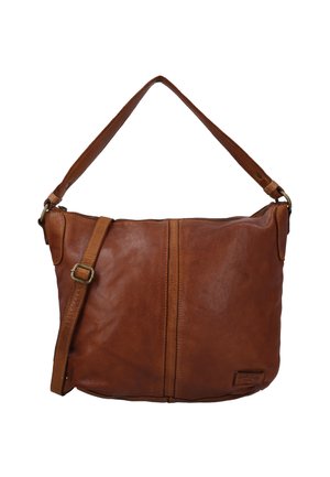 Ruda odinė petneša su lygiu paviršiumi, užtrauktuko uždarymu ir reguliuojama juosta, turinti centrinę siūlę ir logotipo detalę.