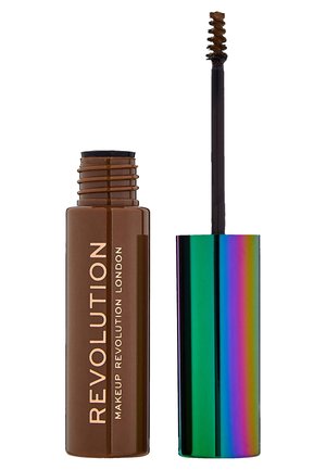 Brauner Mascara-Tuben mit goldener Schrift, ausgestattet mit einem regenbogenfarbigen, irisierenden Deckel und einem schwarzen Borstenapplikator.