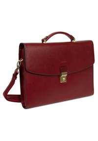 Rode lederen aktetas met een handvat aan de bovenkant en een verstelbare schouderriem, met een goudkleurige metalen sluiting en een minimalistisch ontwerp.
