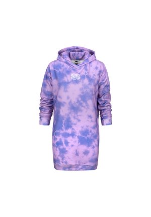 Hooded dress in purple tie-dye pattern, featuring long sleeves, soft fabric, and a front logo. Lightweight with a relaxed fit.