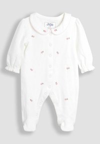Bodysuit blanc pour bébé en tissu doux, doté d'un col bateau, d'une broderie de rose rose, de boutons-pression et de poignets côtelés.