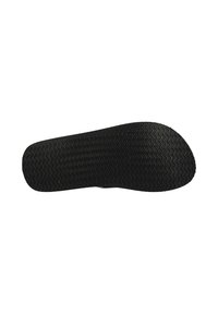 Zwarte rubberen schoenzool met een getextureerd zigzagpatroon, iets afgeronde neus en taps toelopende hak, ontworpen voor grip en duurzaamheid.