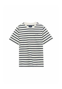 Stribet t-shirt i Creme og Marineblå bomuld. Korte ærmer, rund hals. Har lille broderet branding på brystet. Blød tekstur.