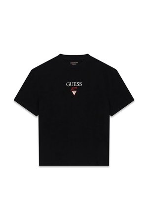 T-shirt noir à manches courtes avec le texte « GUESS jeans » et un logo triangulaire rouge centrés sur la poitrine.