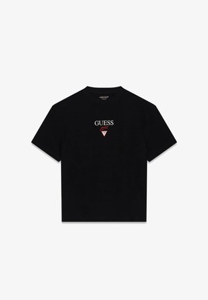 Schwarzes T-Shirt mit kurzen Ärmeln und dem Schriftzug "GUESS jeans" sowie einem roten Dreieck-Logo in der Mitte der Brust.