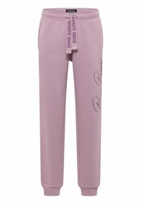 Lichtpaarse joggingbroek van zachte stof, met een trekkoord in de taille en een bedrukt logo aan de linkerkant. Met geribde enkels.