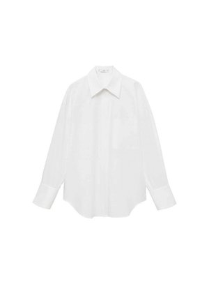 White long-sleeve shirt made from smooth fabric, featuring a pointed collar, a single chest pocket, and rounded hem for an oversized fit.