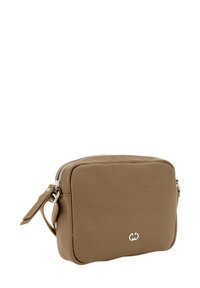 Braune Nylon-Umhängetasche mit rechteckiger Form, silbernem Reißverschluss und einem Logo auf der Vorderseite. Verfügt über einen abnehmbaren Riemen.