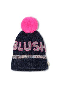 Ναυτικό πλεκτό σκουφάκι με την επιγραφή "BLUSH" σε ροζ και πολύχρωμες λεπτομέρειες. Διαθέτει μια μεγάλη ροζ φούντα στην κορυφή και υφή με χοντρό σχέδιο.