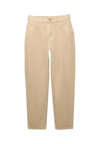 Pantalon beige taille haute à jambes droites avec poches avant, passants pour ceinture et fermeture par bouton sur fond blanc.