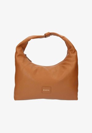 Borsa a tracolla in pelle marrone con manico morbido e curvo e piccola etichetta cucita al centro davanti con la scritta "BIASIA".