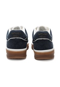 Navy suede sneakers with white accents, featuring a brown rubber sole and embossed "GATTINONI ROMA" logo on the back. Rounded heel design.