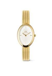 Reloj ovalado en tono dorado con una correa de malla tejida. El dial blanco presenta manecillas de horas y minutos simples, marcadas con el logo "DW". Diseño elegante.