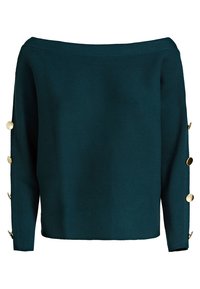 Teal prążkowany sweter z dekoltem na jedno ramię, długimi rękawami ozdobionymi złotymi guzikami przy mankietach oraz luźnym krojem.