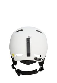 Witte helm met een gladde matte afwerking, zwarte verstelbare band en ventilatieopeningen. Voorzien van een MIPS-label en een achterste verstelwiel.