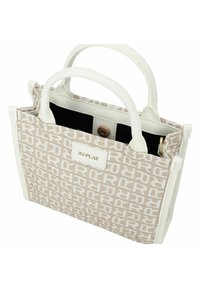 Beige handtas met wit logo patroon, voorzien van witte synthetische leren hengsels en afwerking. Interieur is zwart met een drukknoopsluiting.