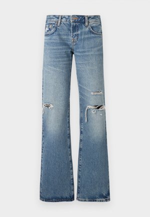 Μπλε τζιν παντελόνι με ψηλή μέση, καμπάνα στα πόδια και σκισίματα σε φθαρμένο στυλ στους μηρούς και τα γόνατα.