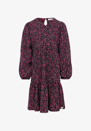 Bloemenjurk met een donkere achtergrond, versierd met kleine roze en witte bloemen, lange pofmouwen, een keyhole-hals en een geplooide rok.