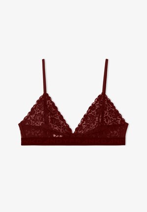 Bralette de encaje en rojo profundo, con un borde ondulado, tirantes ajustables y una banda elástica con logo embosado para mayor soporte.