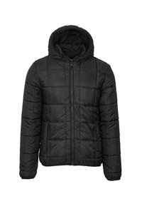 Giacca a vento nera con cappuccio, caratterizzata da una texture trapuntata, chiusura frontale con zip e maniche lunghe. Nessun ulteriore ornamento.