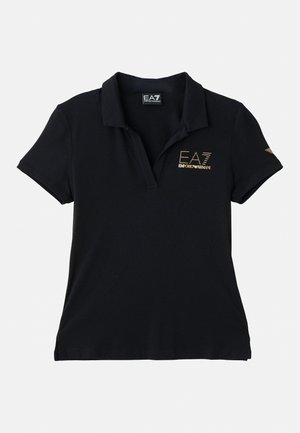 Black polo shirt made of cotton with a classic collar. Features a gold logo on the chest and a subtle brand emblem on the sleeve.