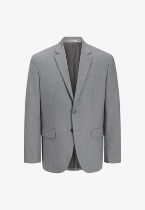 Szary żakiet wykonany z teksturowanej tkaniny, zapinany na dwa guziki, z klapami w kształcie notcha, pojedynczą kieszenią na piersi oraz dwiema kieszeniami bocznymi. Podszewka wnętrza.