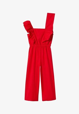 Combinaison rouge sans manches avec jambes larges et bretelles à volants, avec une taille élastique.