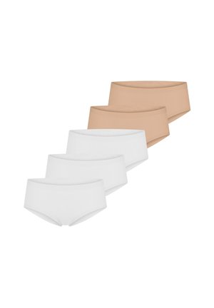 Ensemble de cinq sous-vêtements féminins style hipster sans couture en blanc et beige, disposés en cascade sur un fond blanc.