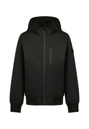 Zwarte ritssluiting capuchonjack van getextureerde stof, met een borstzak met ritssluiting, geribde manchetten en een rond logo op de mouw.