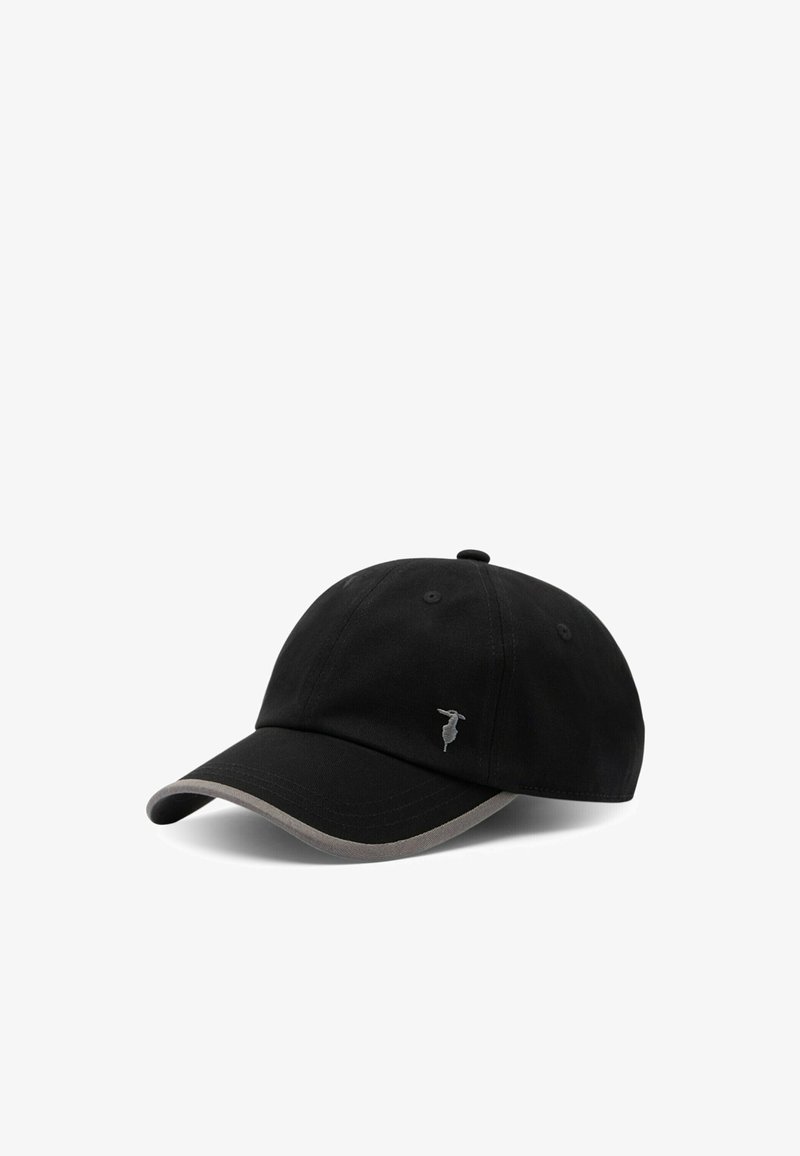 Gorra de béisbol negra con ribete gris en la visera curva y un pequeño logo de pájaro plateado en el panel frontal.