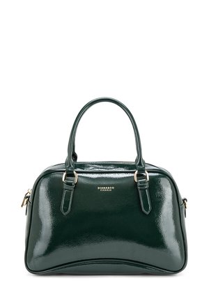Sac à main en cuir verni vert avec des poignées rondes doubles, accents en matériel doré, et une forme rectangulaire arrondie. Présente un logo sur le devant.