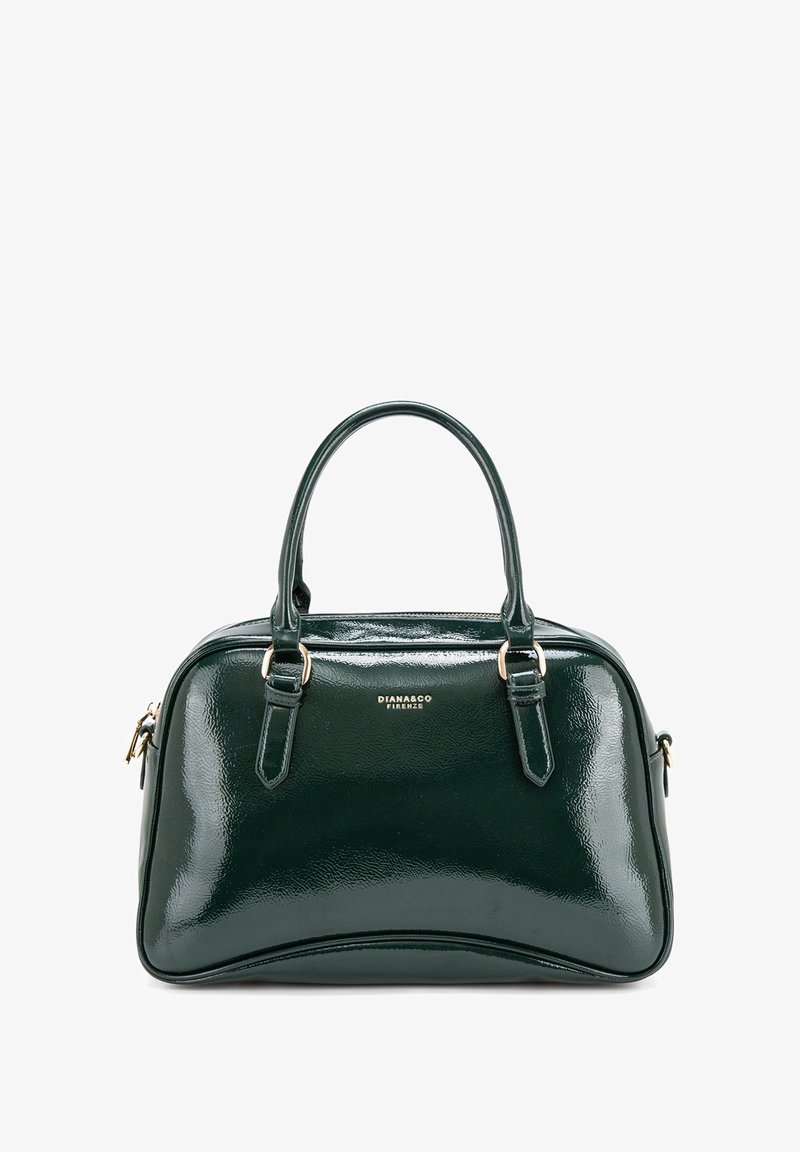 Groene patenten leren handtas met dubbele ronde handvatten, gouden hardware-accenten en een ronde rechthoekige vorm. Bevat een logo aan de voorkant.