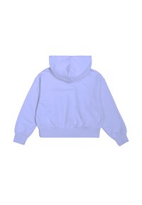Sudadera corta de lavanda con mangas largas, bolsillo frontal y puños elásticos. Textura suave con una gran capucha y dobladillo acanalado.