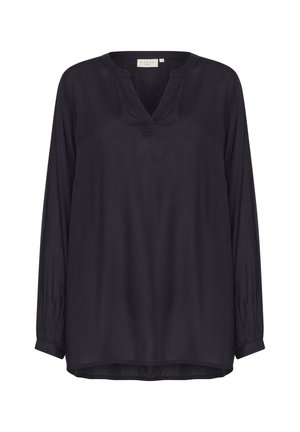 Donkerblauwe blouse met lange mouwen van een gladde stof, met een V-hals, geplooide accenten op de schouders en een licht gebogen zoom.