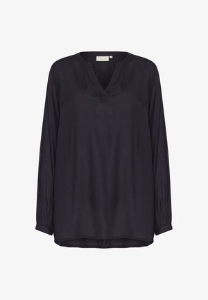 Temna modra bluzica z dolgimi rokavi iz gladkega materiala, z V-izrezom, nabranimi detajli na ramenih in rahlo ukrivljenim robom.