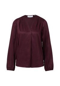 Burgundowa bluzka z długimi rękawami, plisowanym dekoltem, miękkiego satynowego materiału i elastycznymi mankietami. Prosta i elegancka sylwetka.